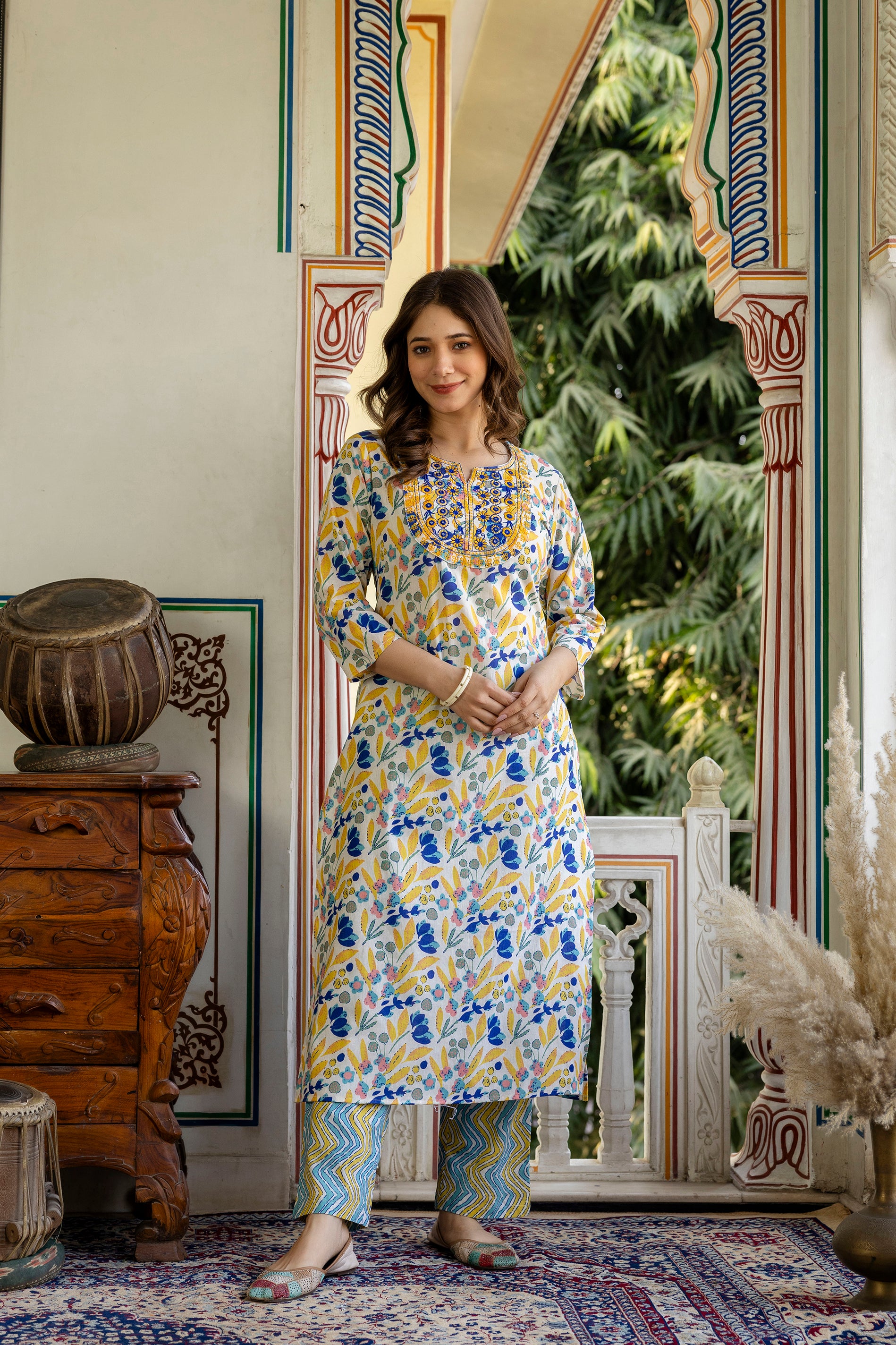 Yellow Printed Embroidered Pure Cotton Straight Kurta