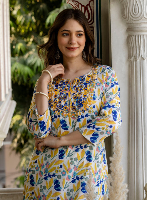 Yellow Printed Embroidered Pure Cotton Straight Kurta