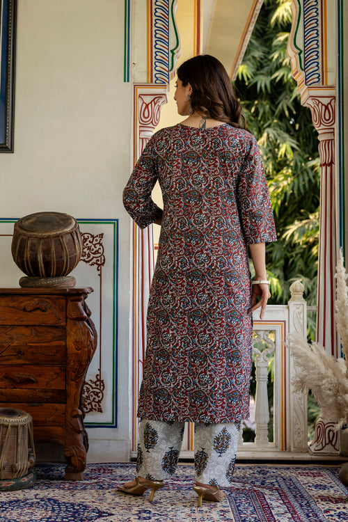 Multicolor Printed Embroidered Pure Cotton Straight Kurta