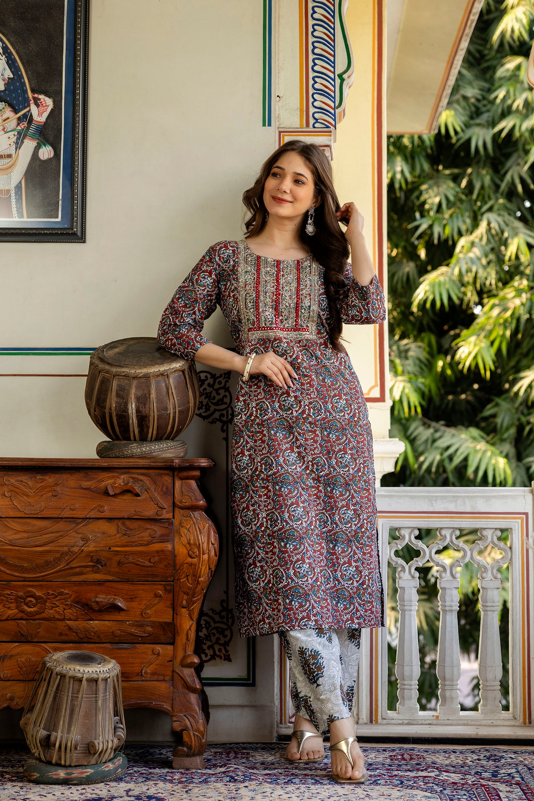 Multicolor Printed Embroidered Pure Cotton Straight Kurta