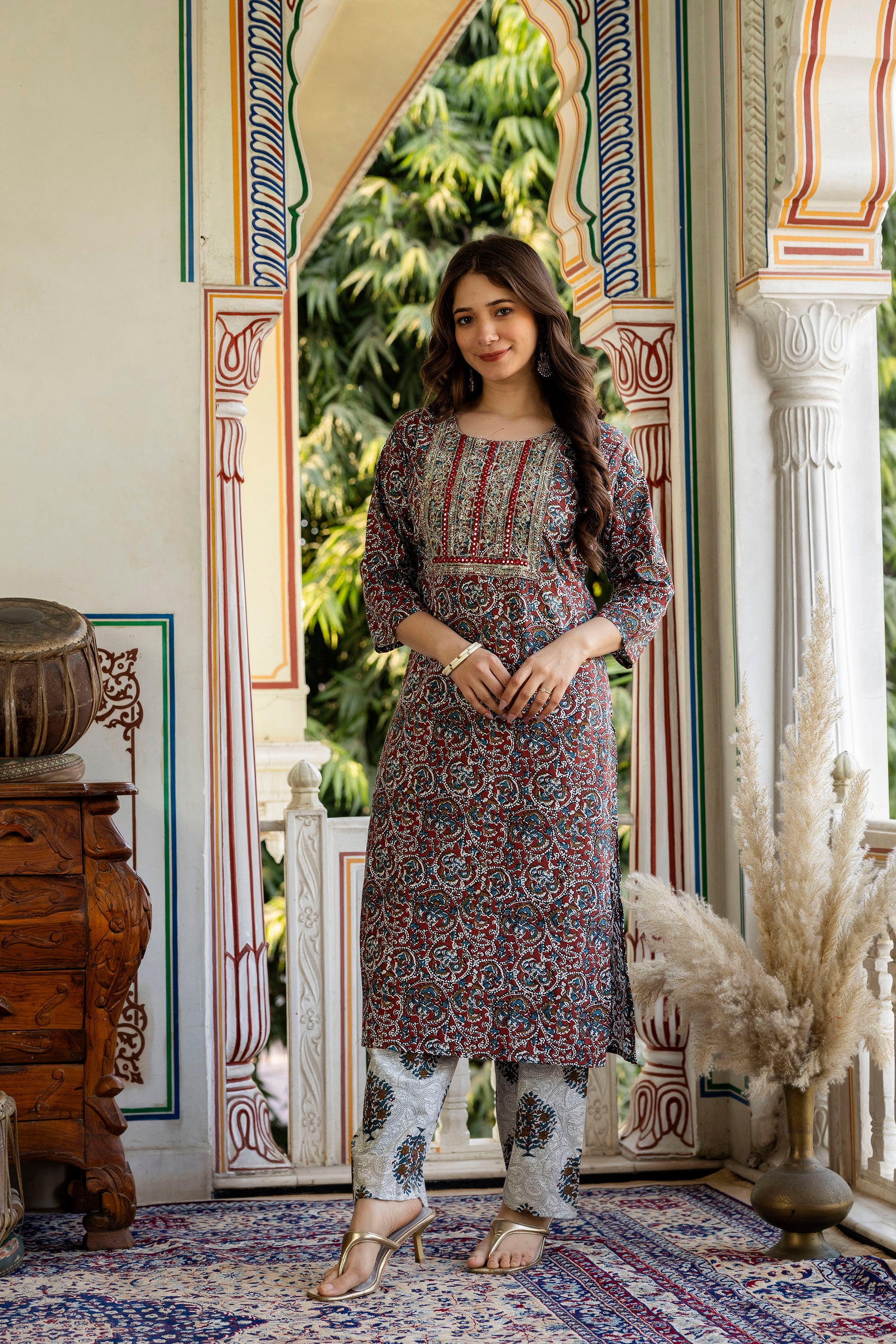 Multicolor Printed Embroidered Pure Cotton Straight Kurta