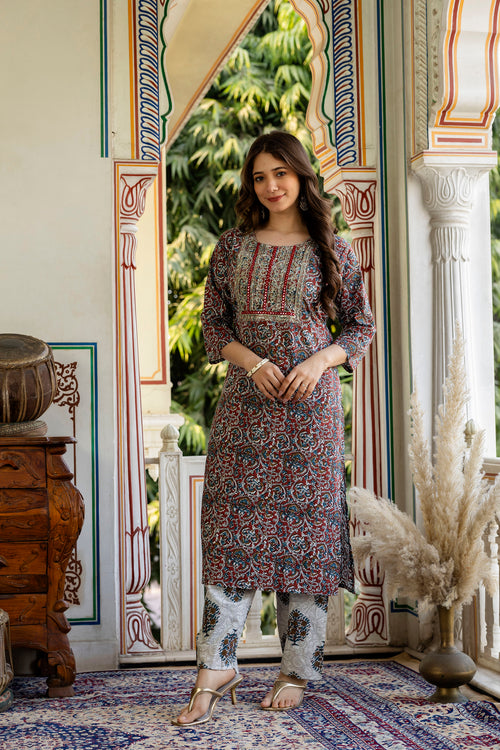 Multicolor Printed Embroidered Pure Cotton Straight Kurta