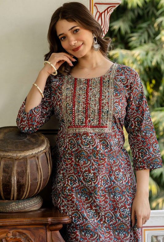 Multicolor Printed Embroidered Pure Cotton Straight Kurta