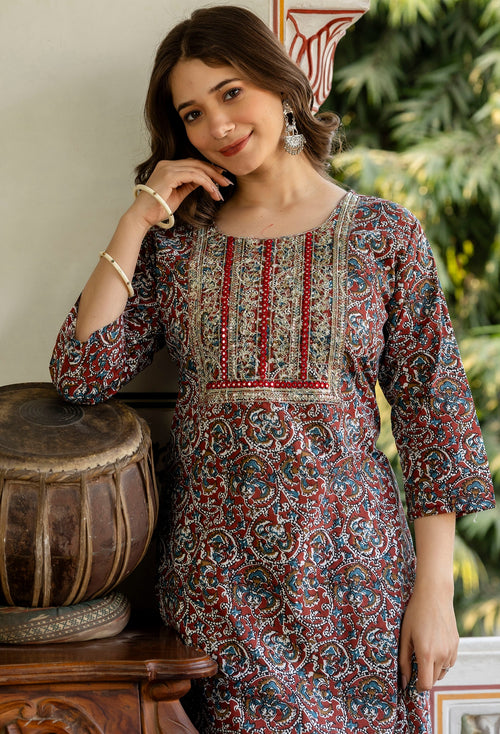 Multicolor Printed Embroidered Pure Cotton Straight Kurta