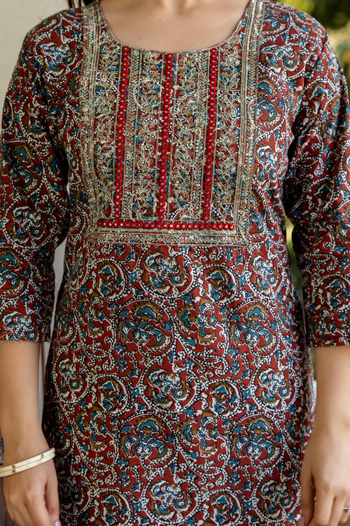 Multicolor Printed Embroidered Pure Cotton Straight Kurta