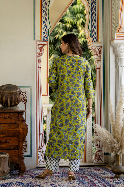 Green Printed Embroidered Pure Cotton Straight Kurta