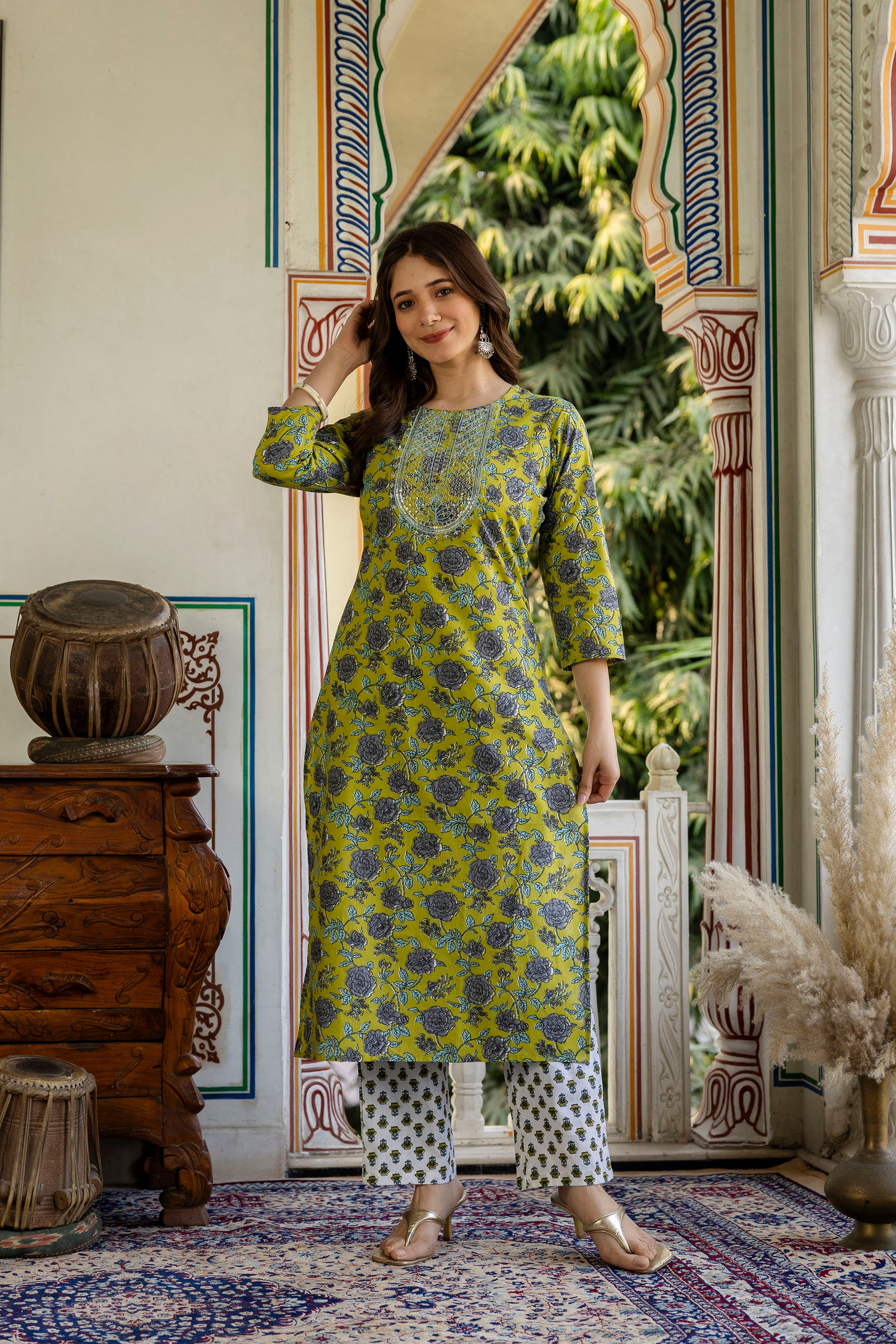 Green Printed Embroidered Pure Cotton Straight Kurta