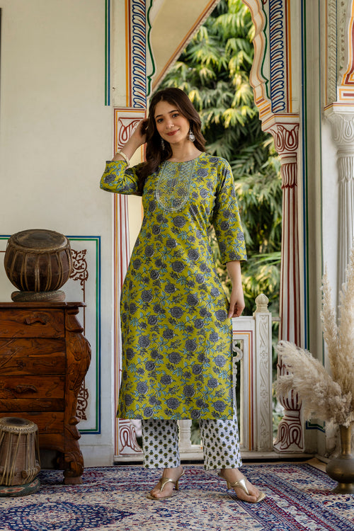 Green Printed Embroidered Pure Cotton Straight Kurta
