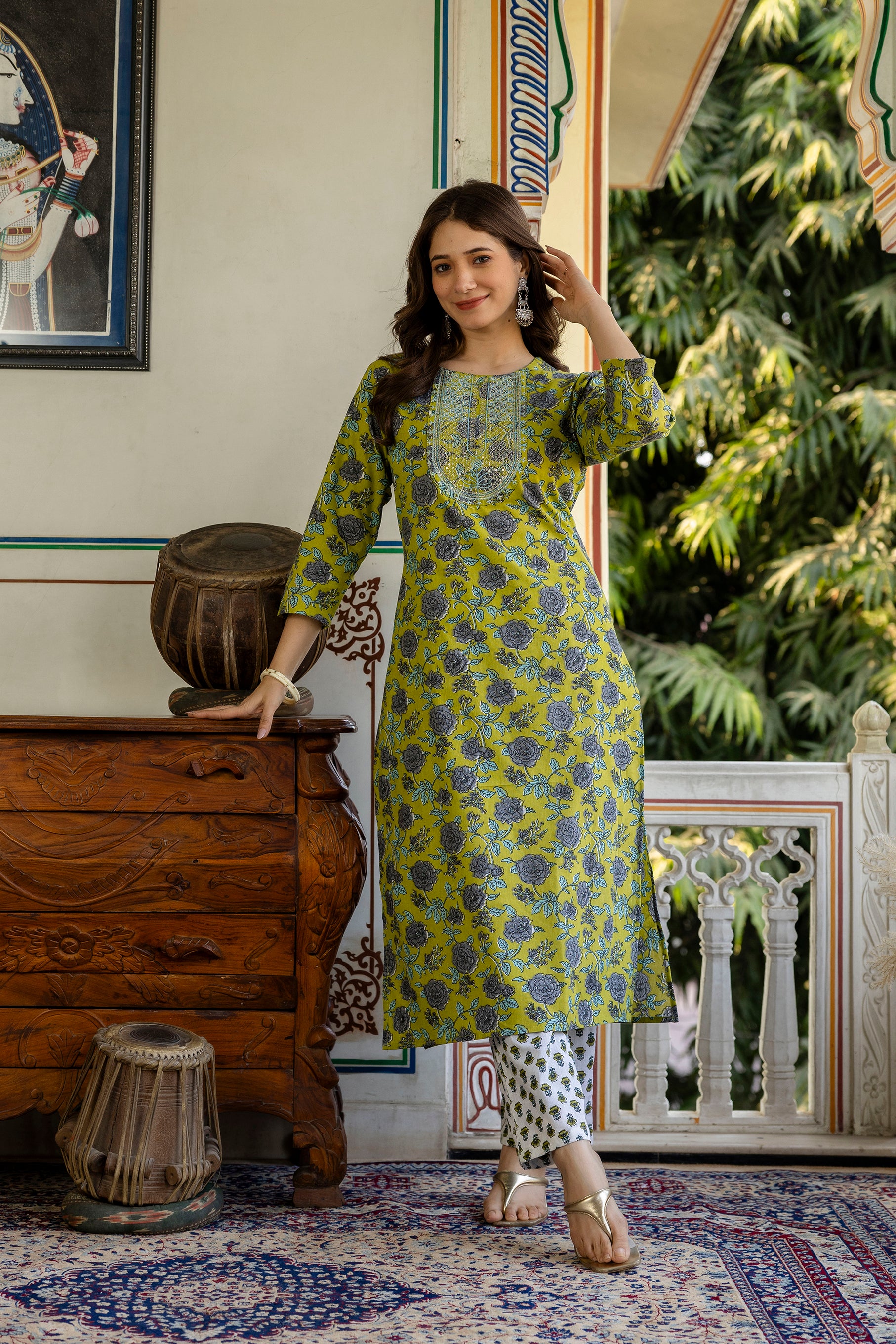 Green Printed Embroidered Pure Cotton Straight Kurta