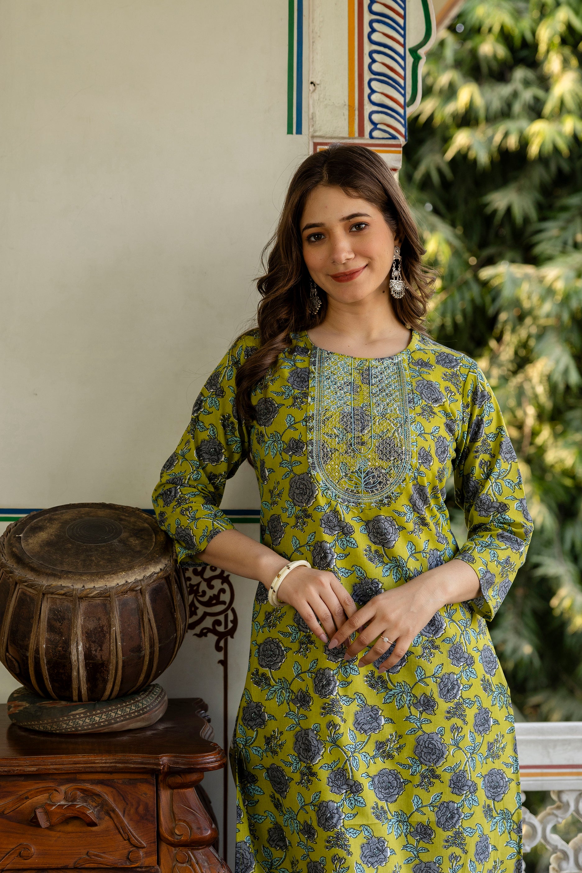 Green Printed Embroidered Pure Cotton Straight Kurta