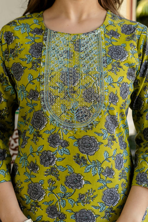 Green Printed Embroidered Pure Cotton Straight Kurta