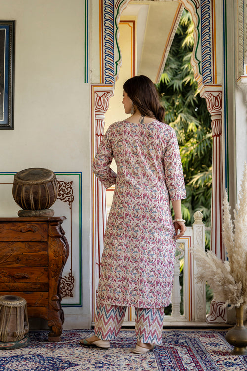 Dusty Rose & Grey Printed Embroidered Pure Cotton Straight Kurta.