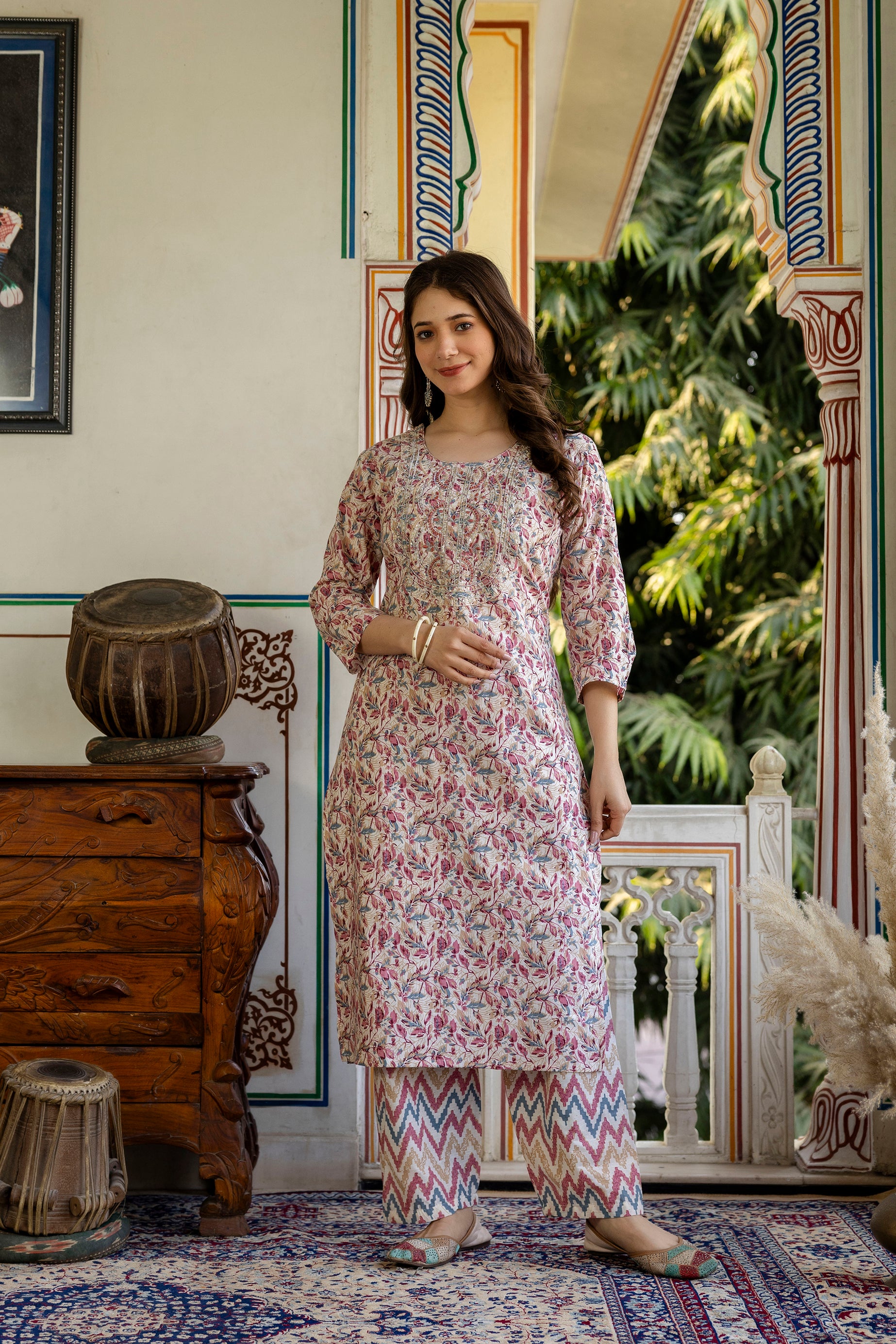 Dusty Rose & Grey Printed Embroidered Pure Cotton Straight Kurta.