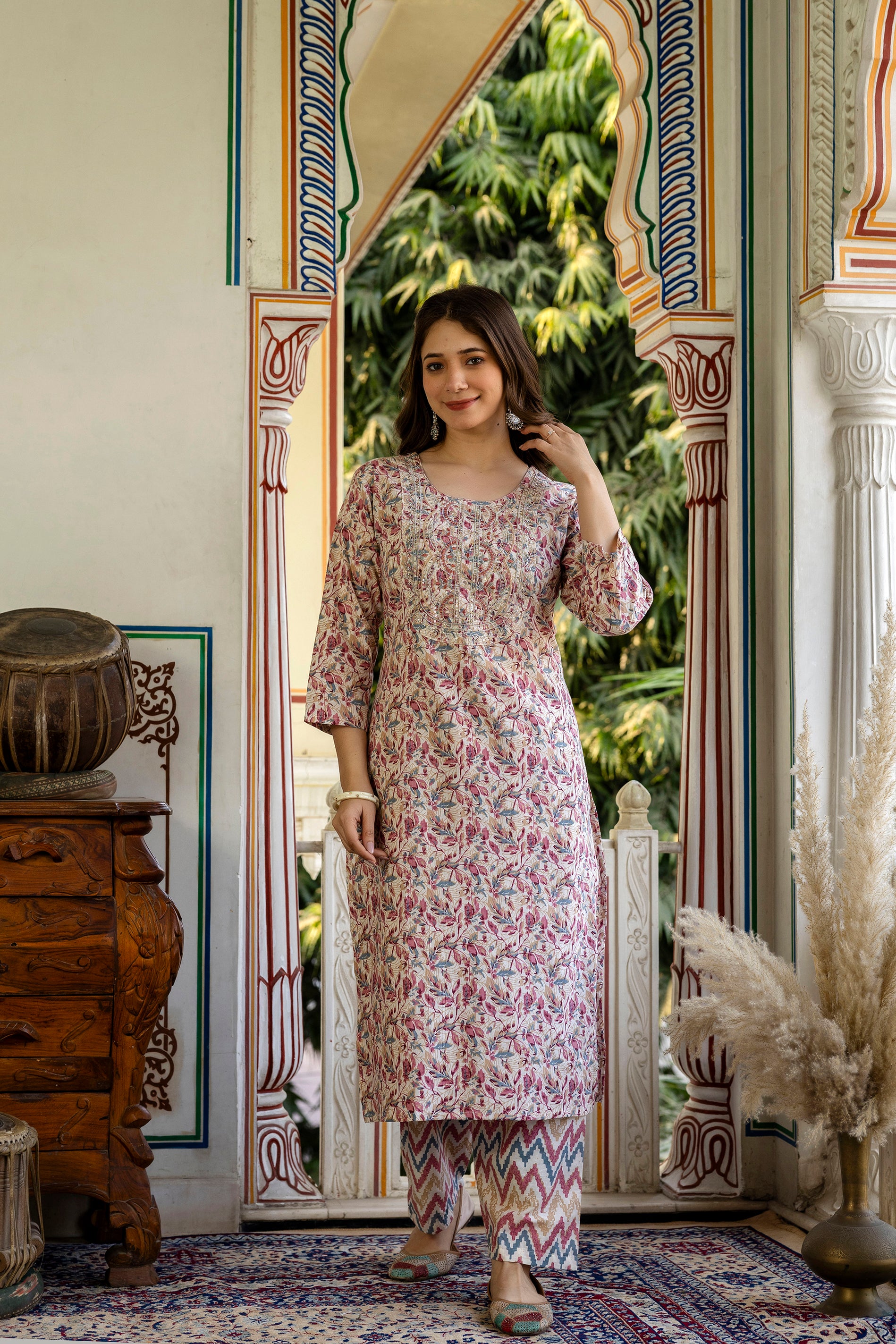 Dusty Rose & Grey Printed Embroidered Pure Cotton Straight Kurta.