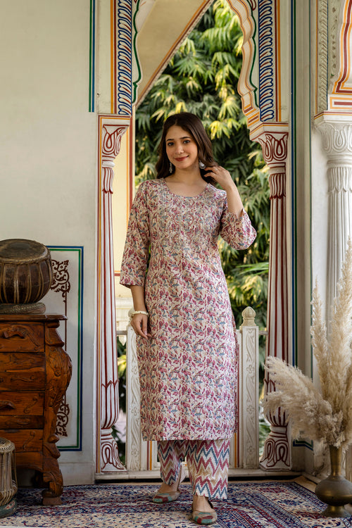 Dusty Rose & Grey Printed Embroidered Pure Cotton Straight Kurta.