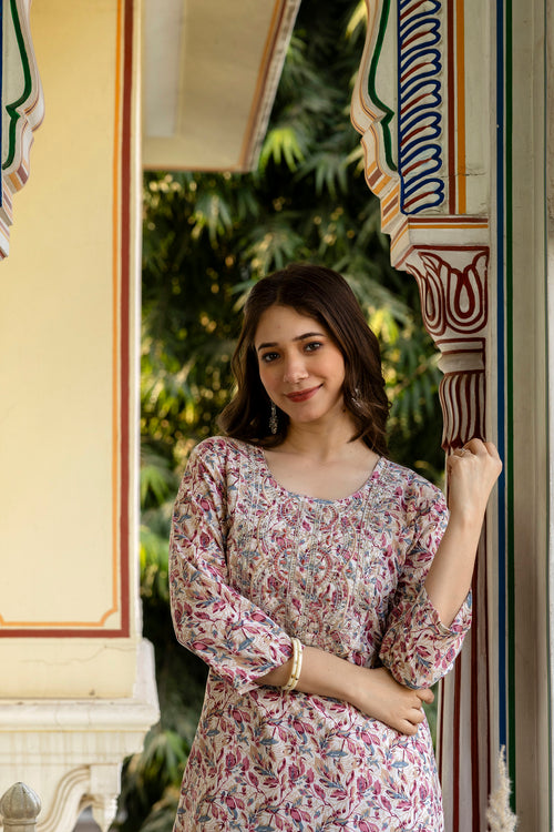 Dusty Rose & Grey Printed Embroidered Pure Cotton Straight Kurta.