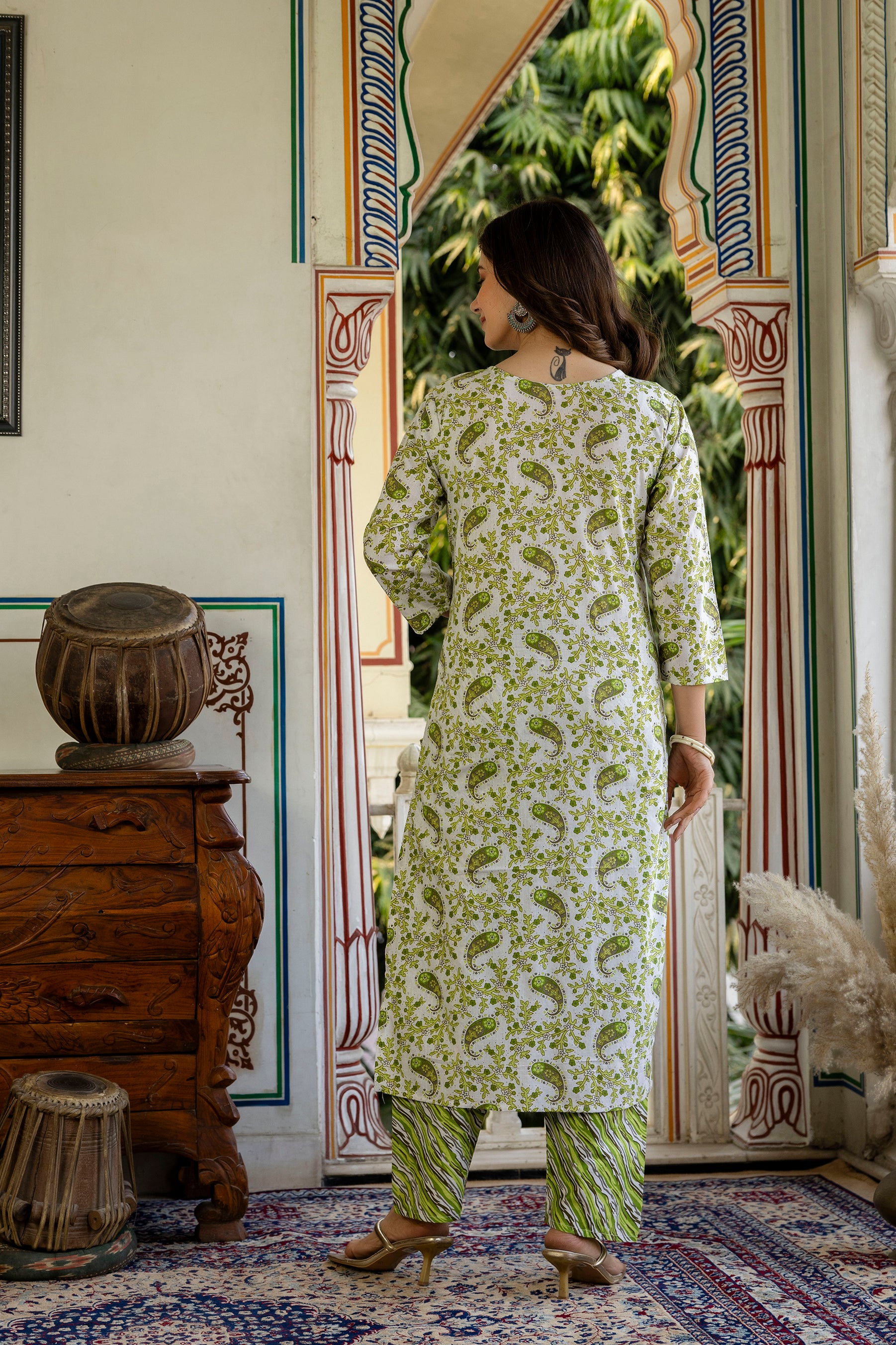 Green Printed Embroidered Pure Cotton Straight Kurta