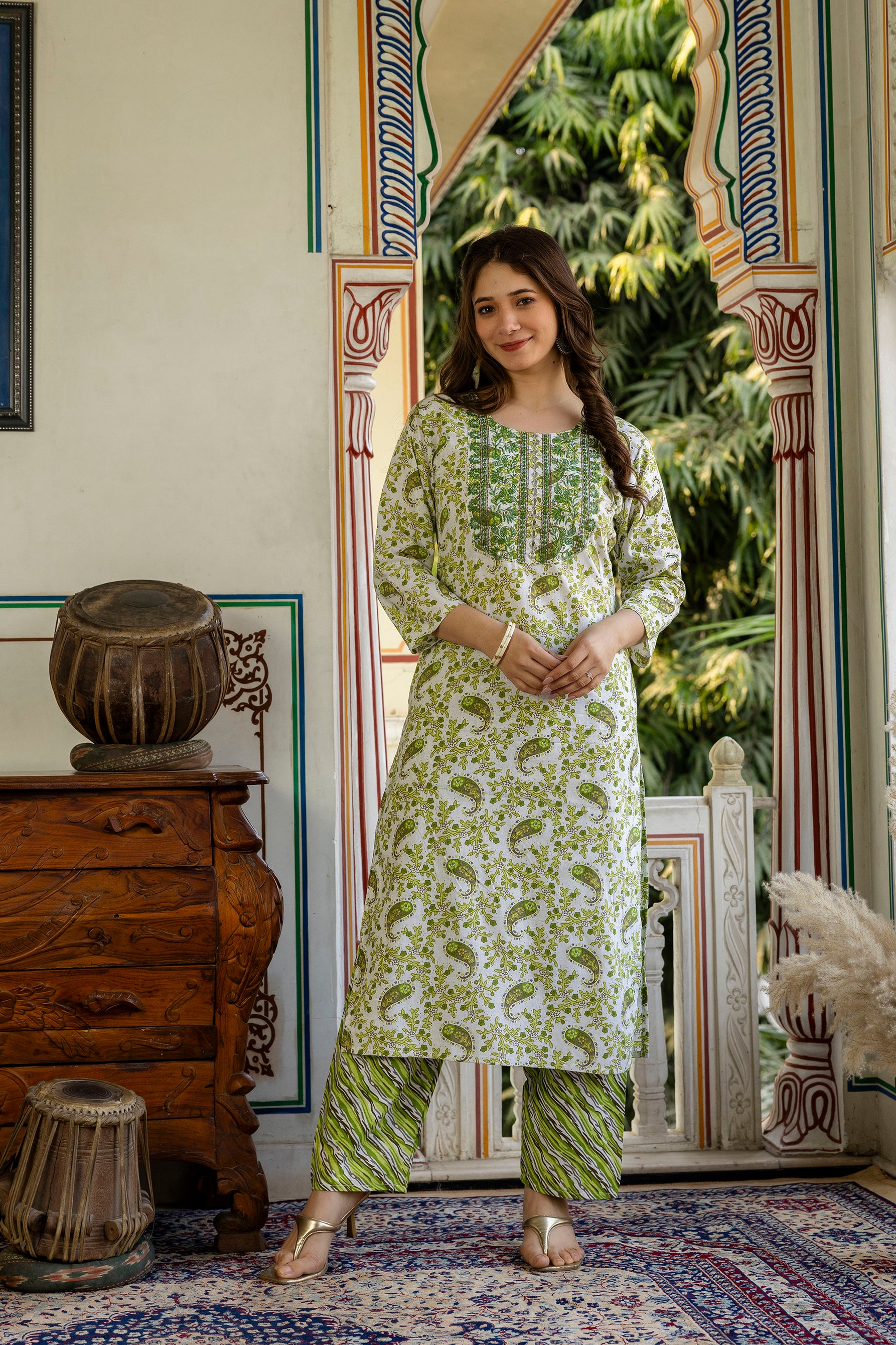 Green Printed Embroidered Pure Cotton Straight Kurta