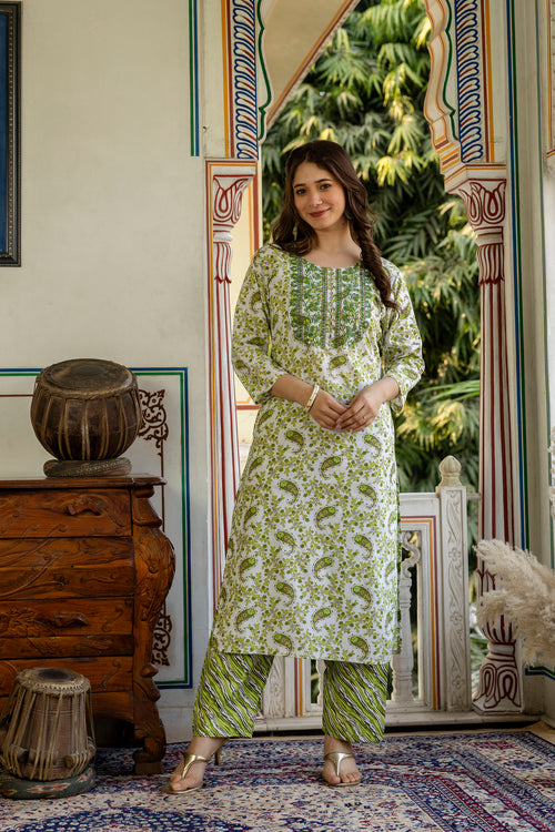 Green Printed Embroidered Pure Cotton Straight Kurta