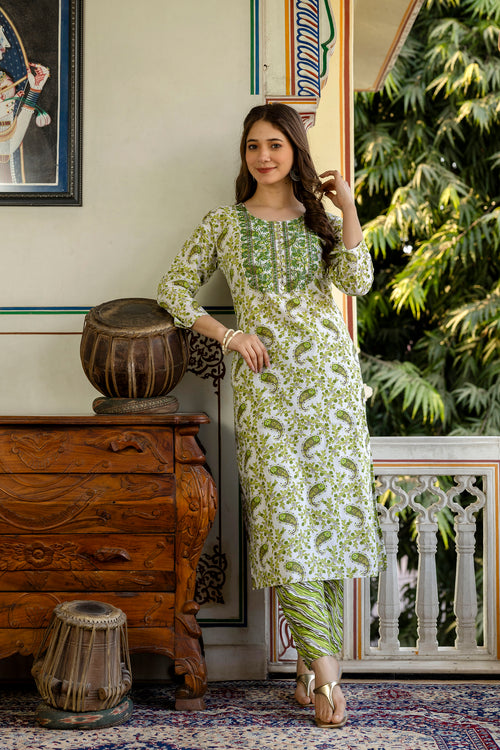Green Printed Embroidered Pure Cotton Straight Kurta