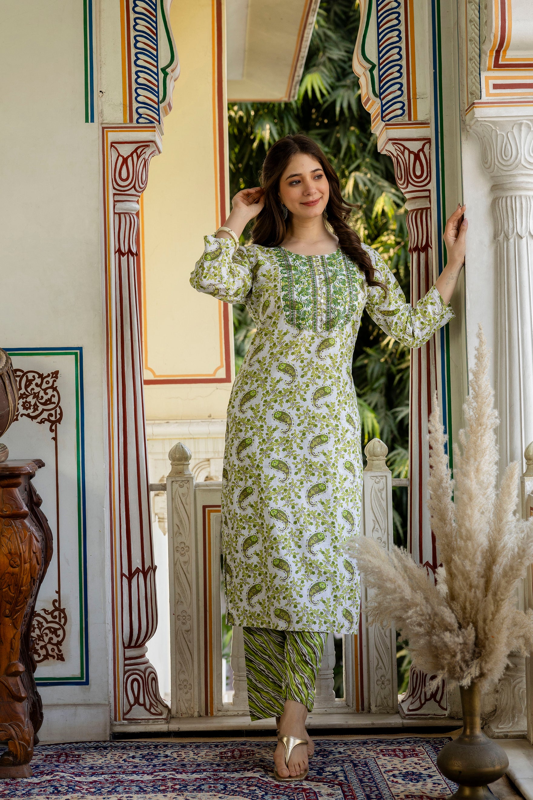 Green Printed Embroidered Pure Cotton Straight Kurta