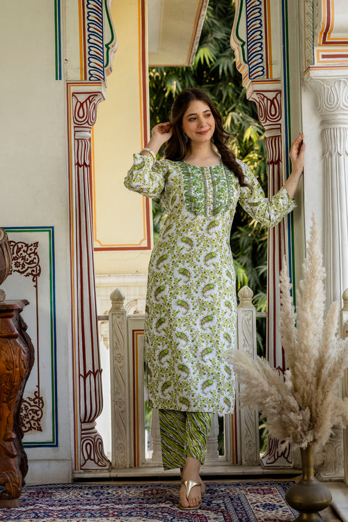 Green Printed Embroidered Pure Cotton Straight Kurta