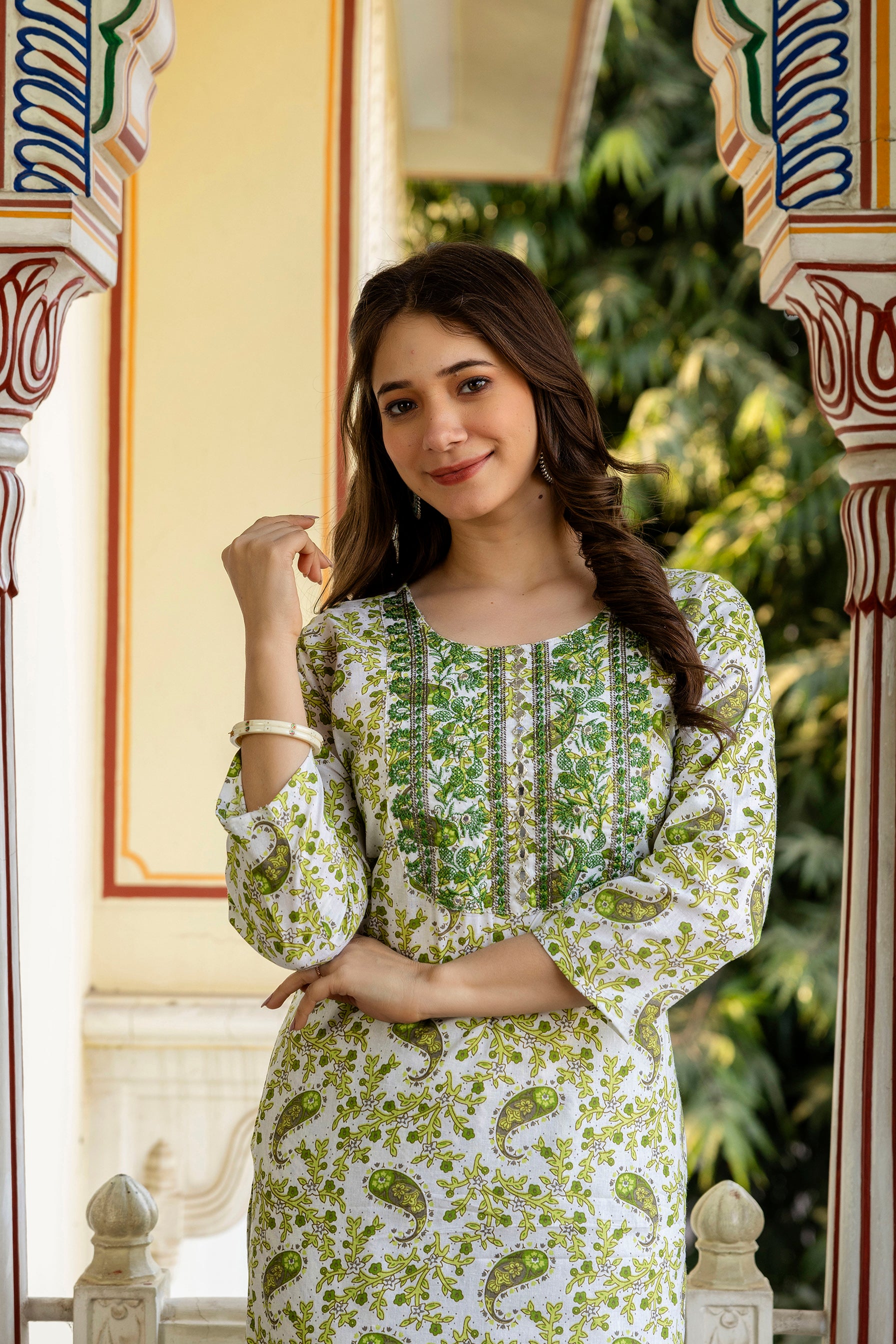 Green Printed Embroidered Pure Cotton Straight Kurta
