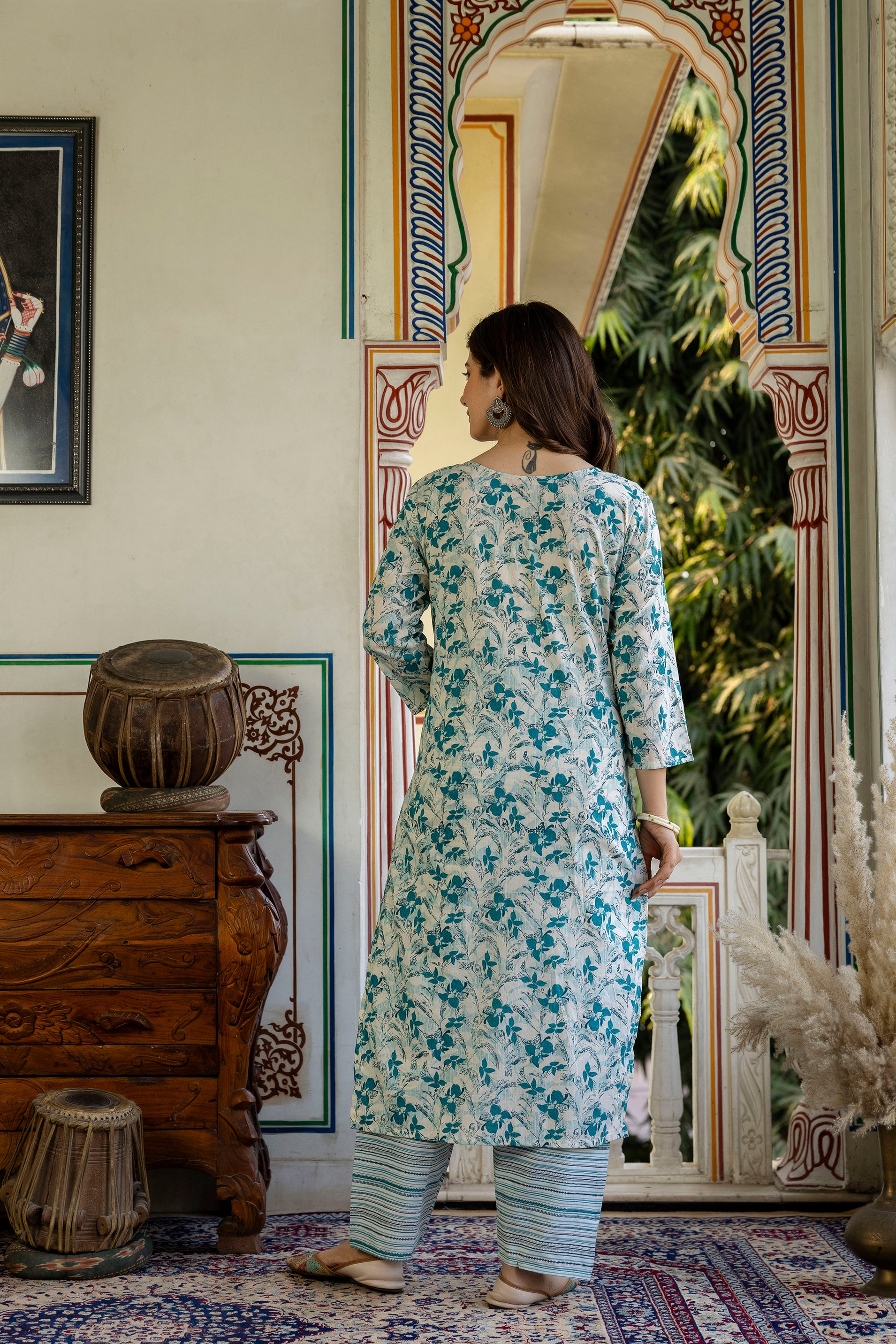 Blue Printed Embroidered Pure Cotton Straight Kurta.