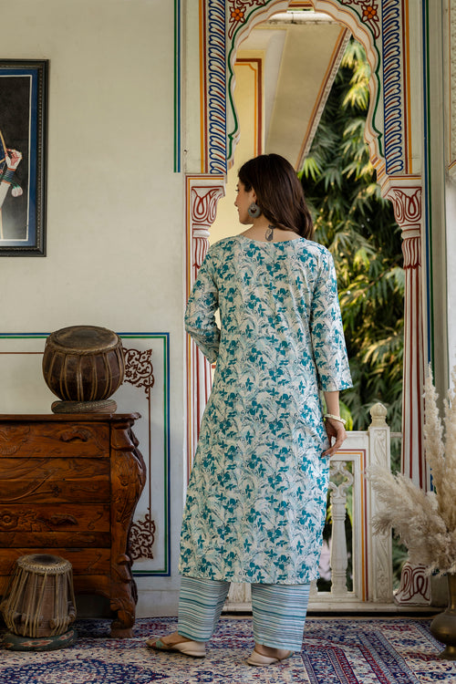 Blue Printed Embroidered Pure Cotton Straight Kurta.