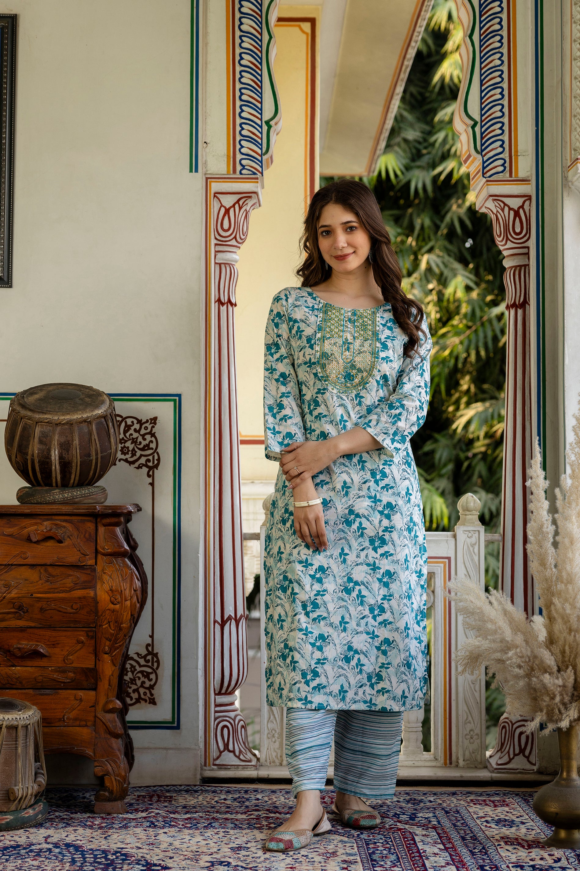 Blue Printed Embroidered Pure Cotton Straight Kurta.
