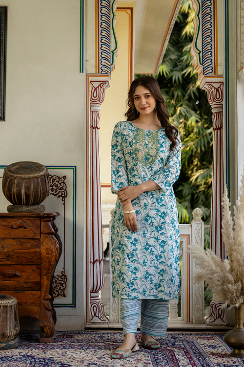 Blue Printed Embroidered Pure Cotton Straight Kurta.