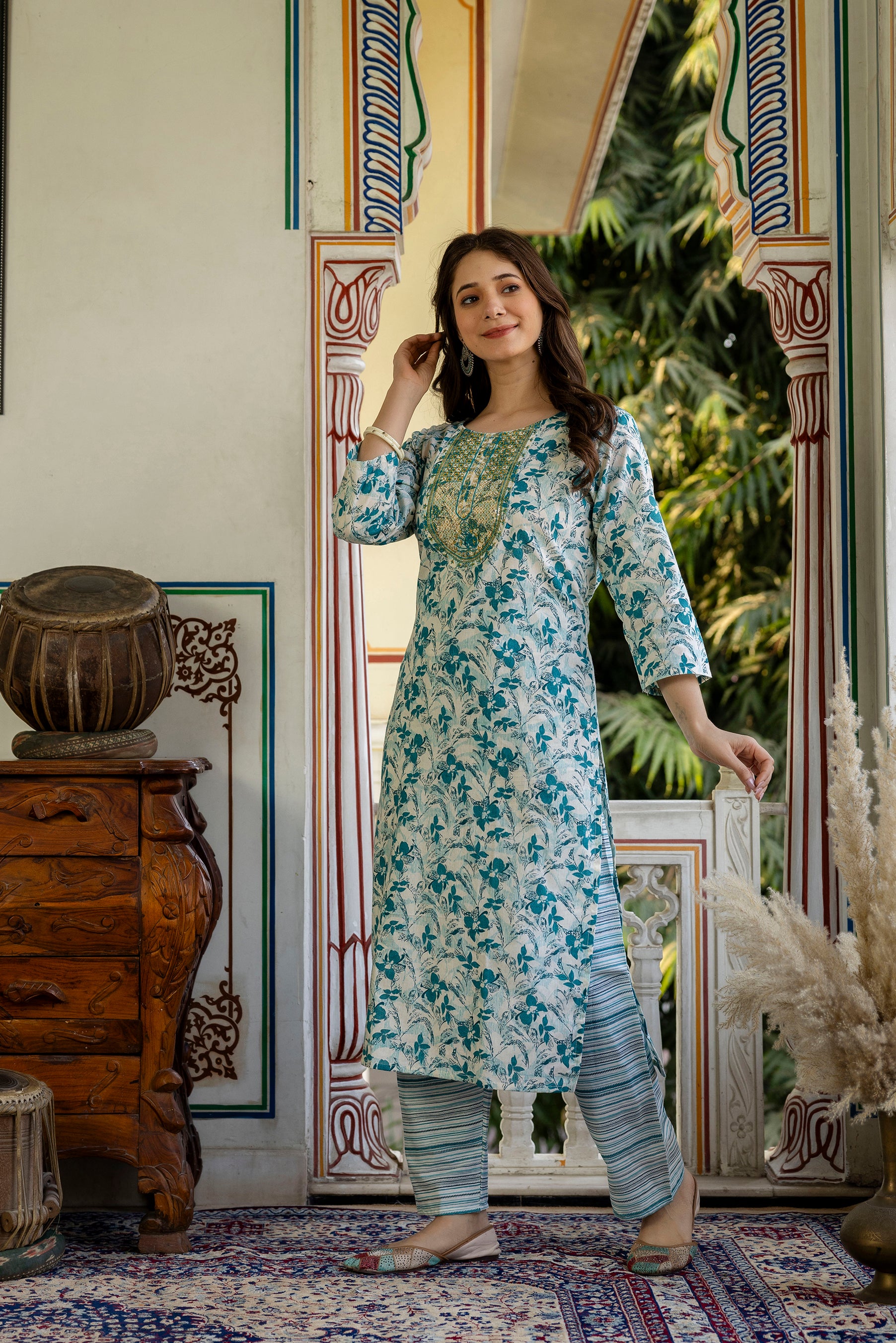 Blue Printed Embroidered Pure Cotton Straight Kurta.