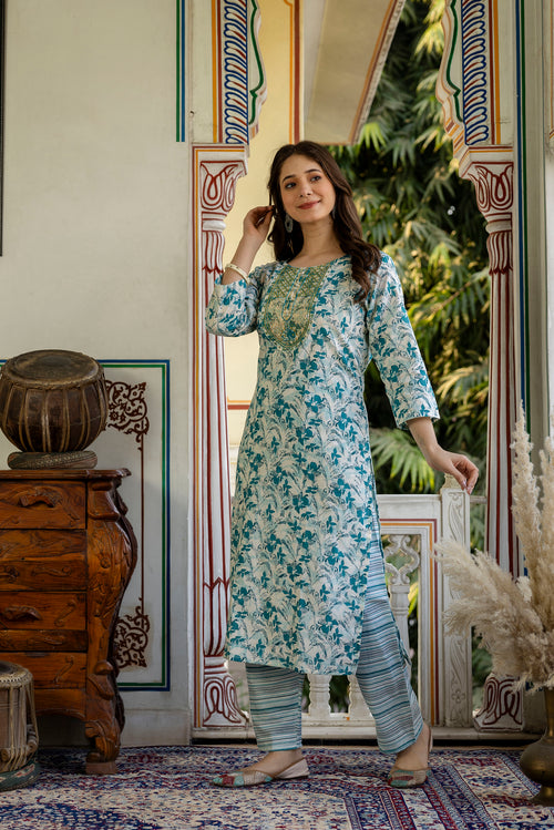 Blue Printed Embroidered Pure Cotton Straight Kurta.