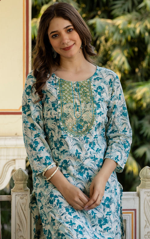 Blue Printed Embroidered Pure Cotton Straight Kurta.