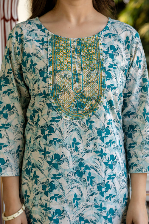 Blue Printed Embroidered Pure Cotton Straight Kurta.