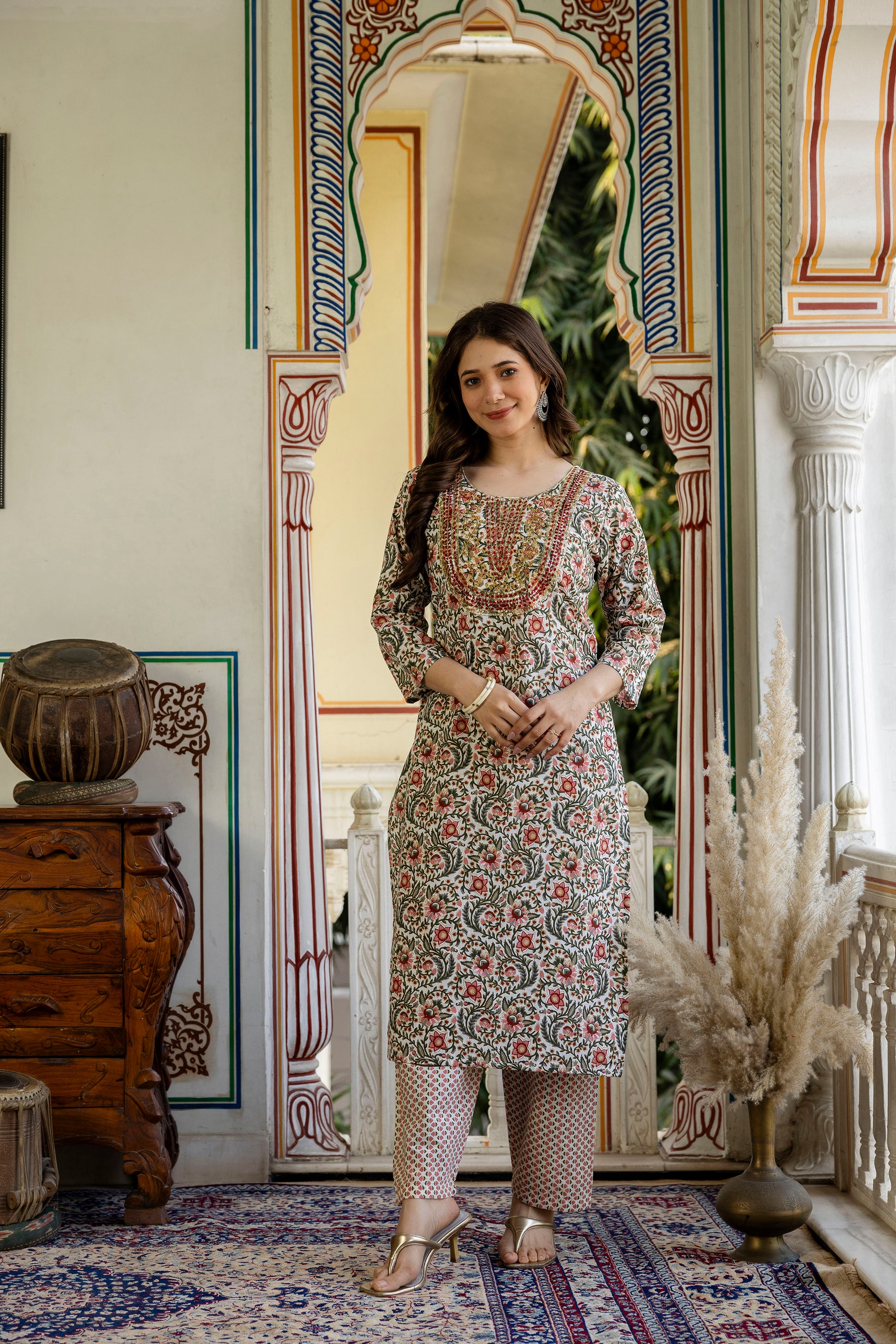 Maroon Printed Embroidered Pure Cotton Straight Kurta.
