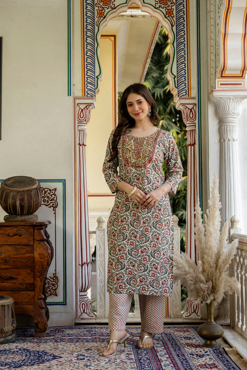 Maroon Printed Embroidered Pure Cotton Straight Kurta.