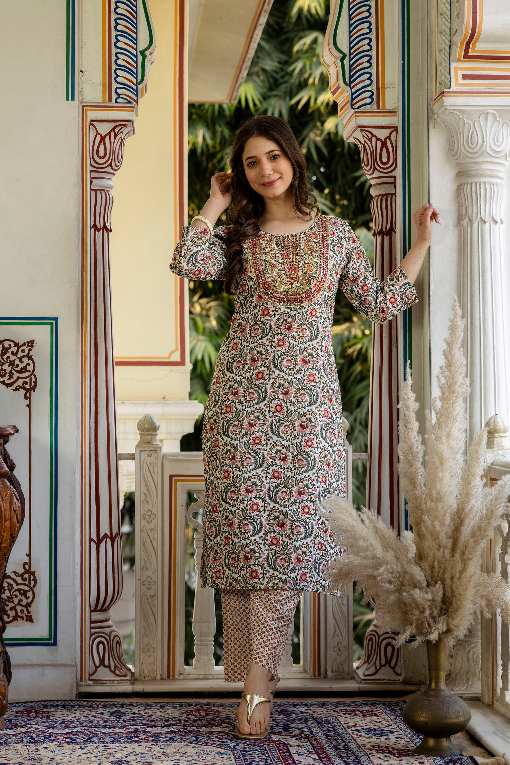 Maroon Printed Embroidered Pure Cotton Straight Kurta.