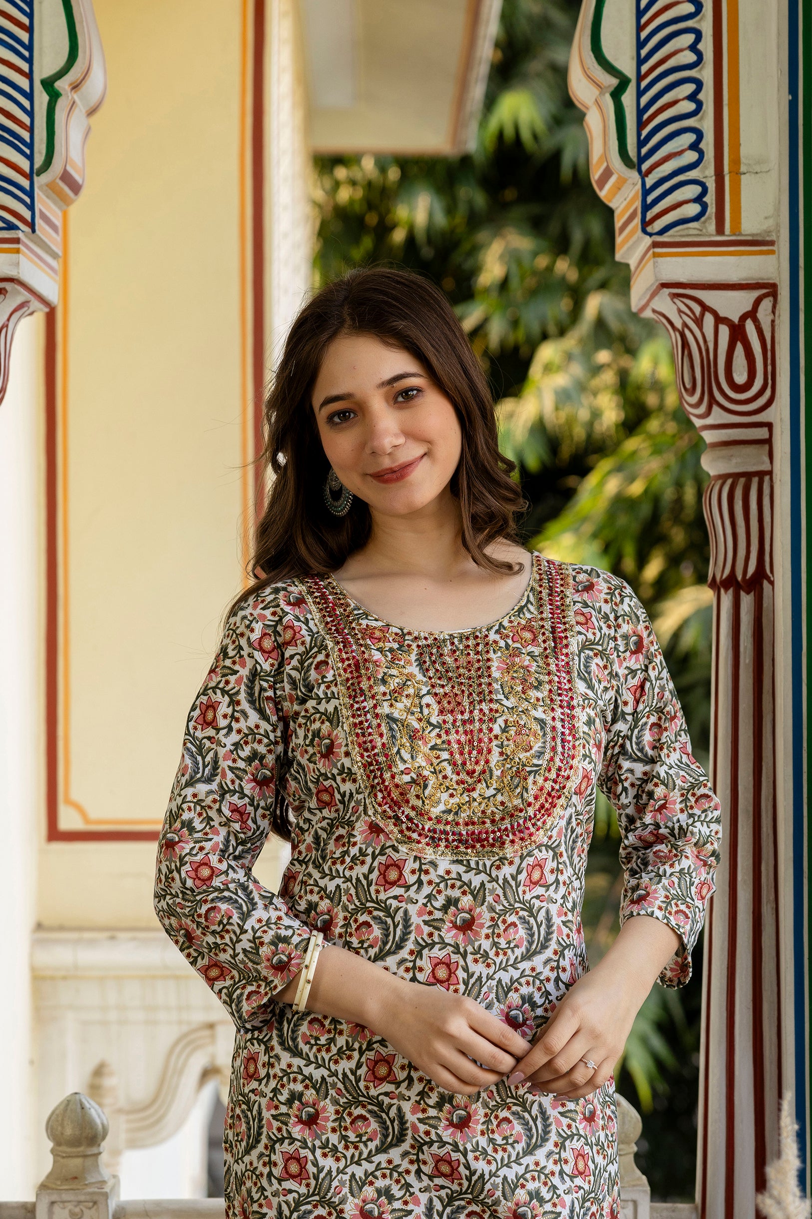 Maroon Printed Embroidered Pure Cotton Straight Kurta.
