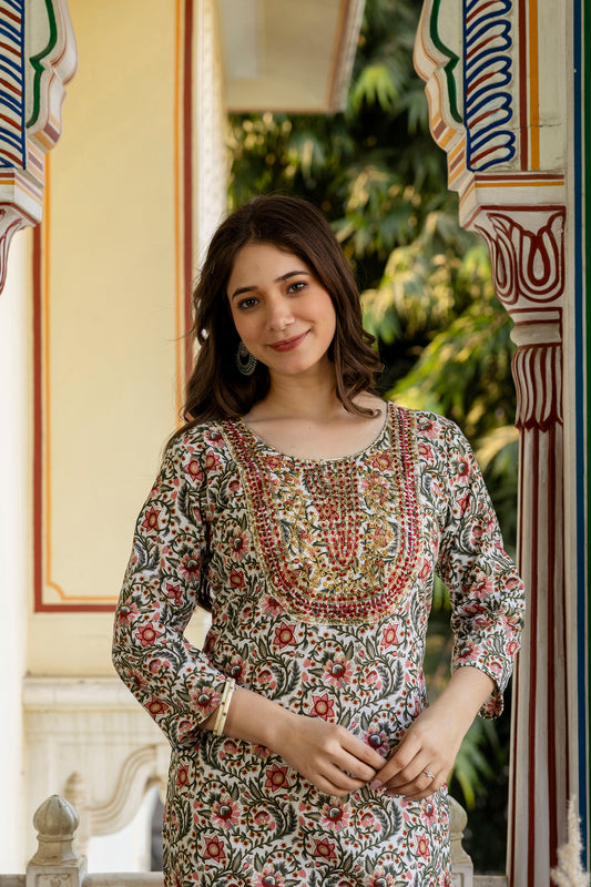 Maroon Printed Embroidered Pure Cotton Straight Kurta.
