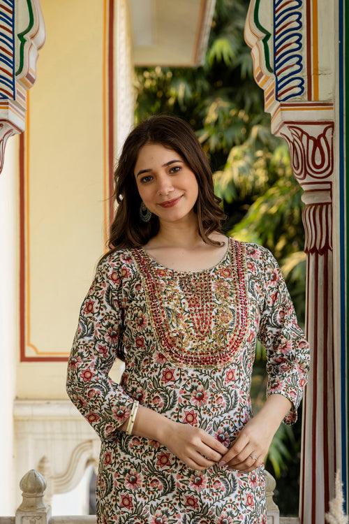 Maroon Printed Embroidered Pure Cotton Straight Kurta.