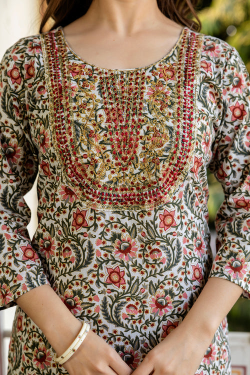 Maroon Printed Embroidered Pure Cotton Straight Kurta.