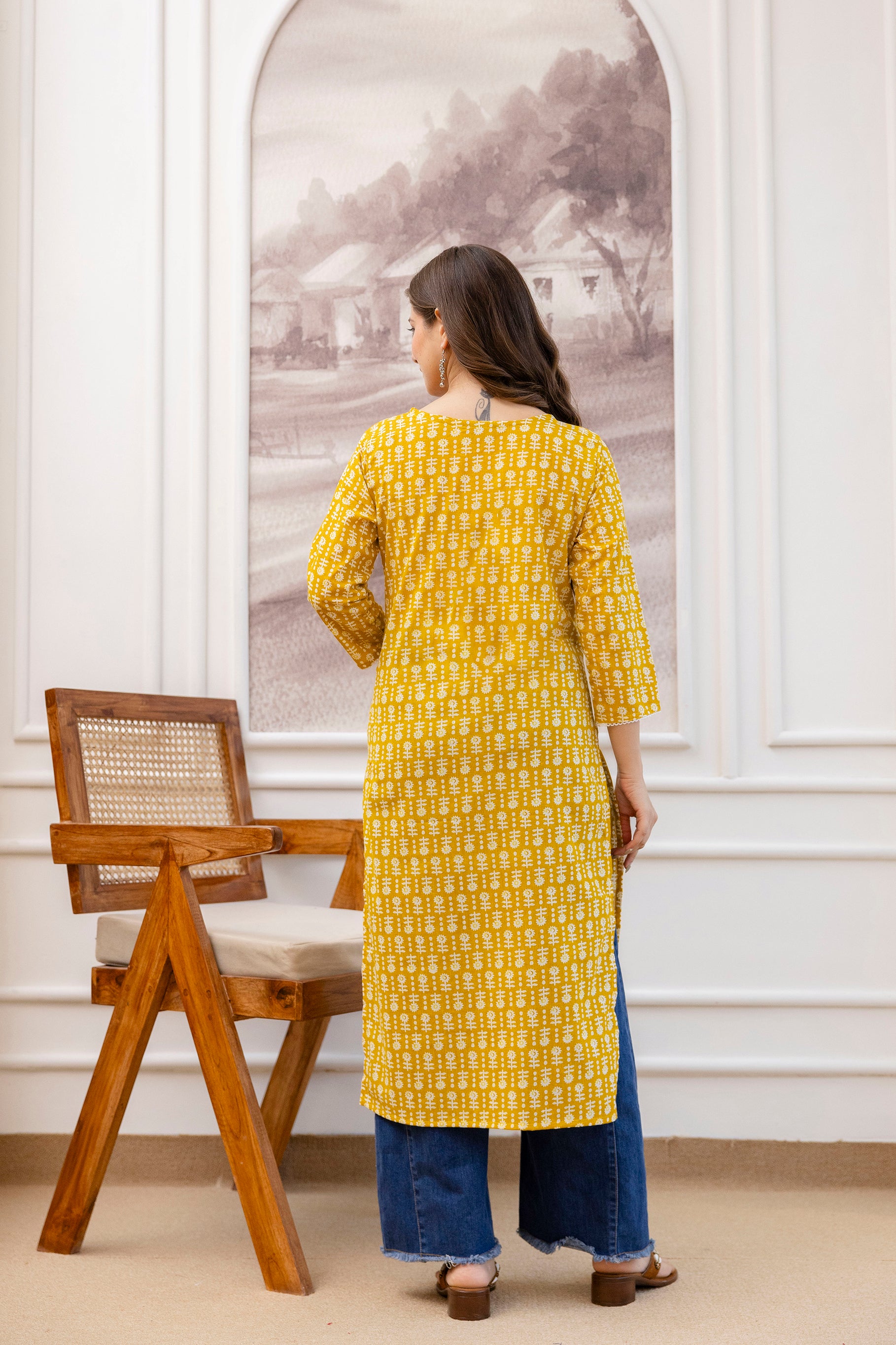 Yellow Printed Embroidered Pure Cotton Straight Kurta.