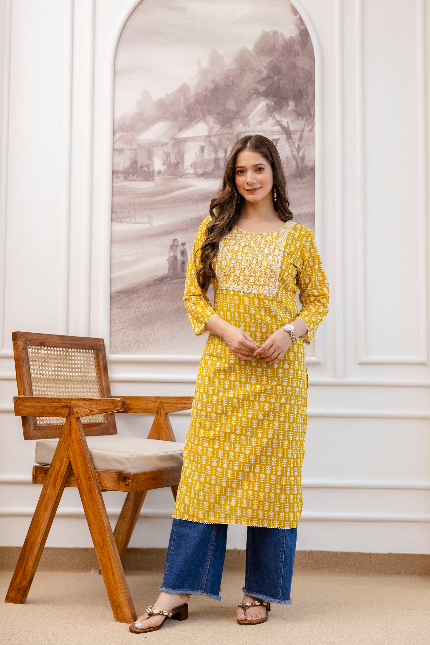 Yellow Printed Embroidered Pure Cotton Straight Kurta.