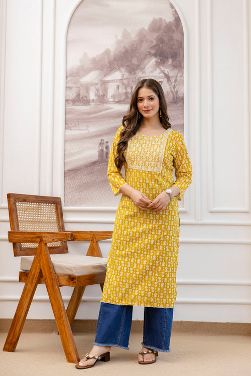 Yellow Printed Embroidered Pure Cotton Straight Kurta.