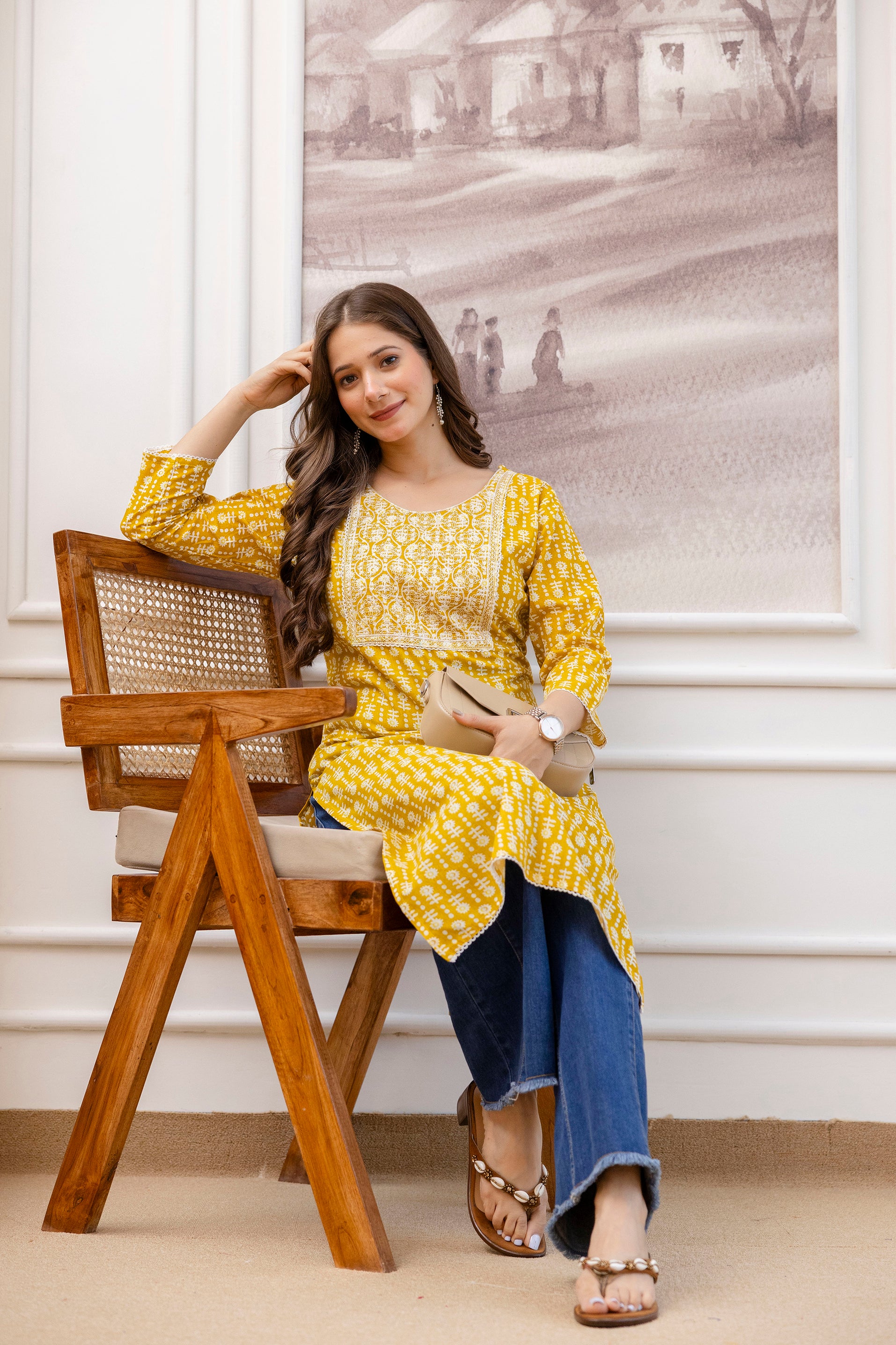 Yellow Printed Embroidered Pure Cotton Straight Kurta.