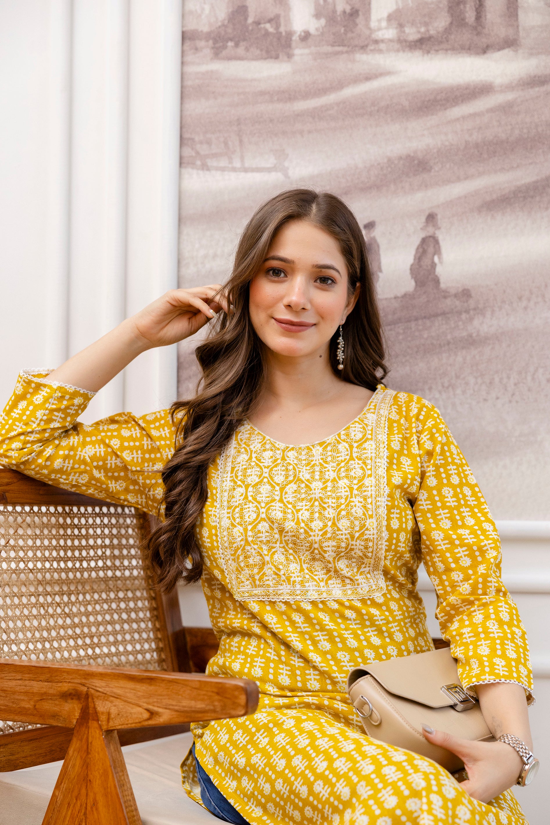 Yellow Printed Embroidered Pure Cotton Straight Kurta.