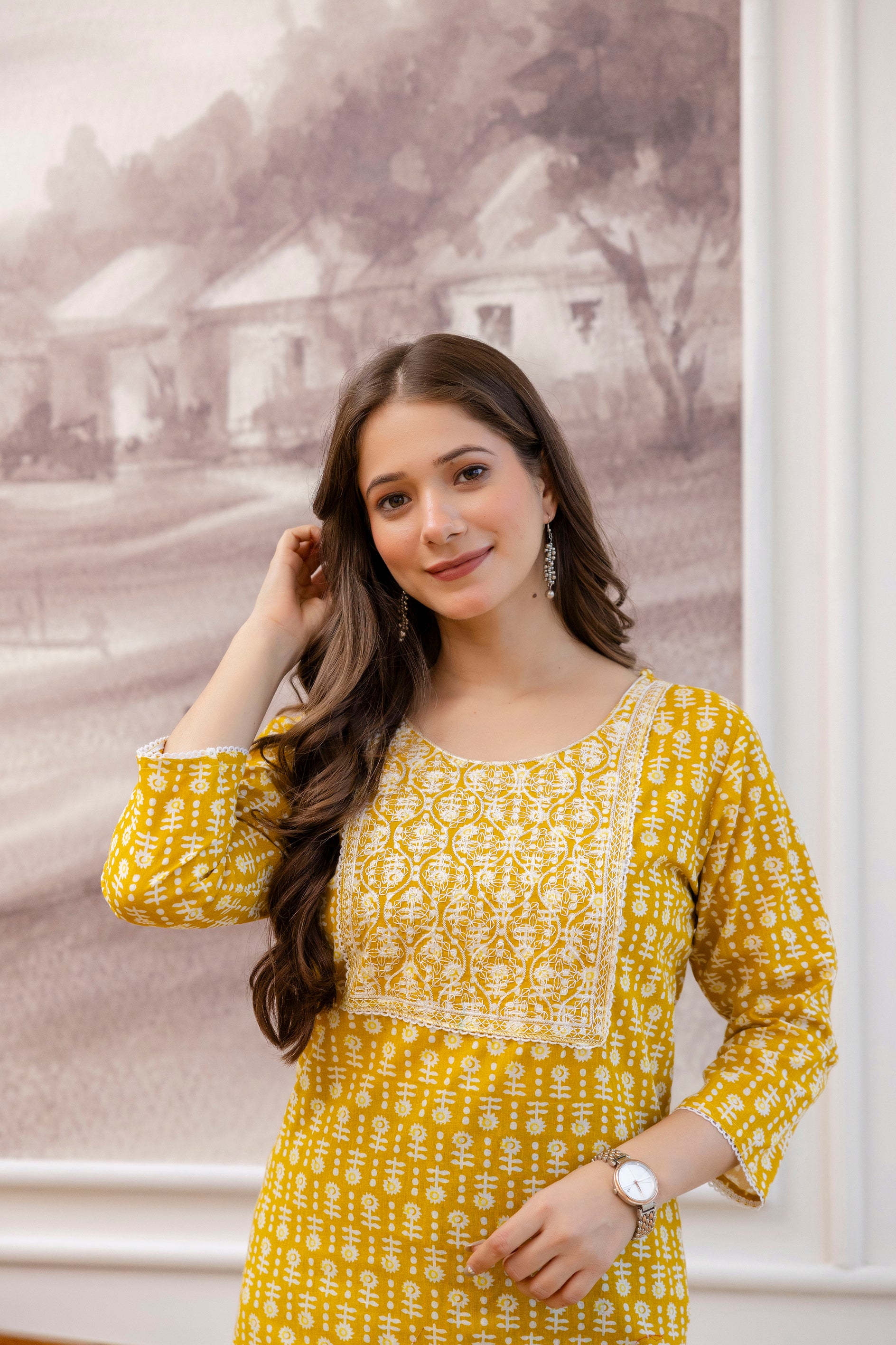 Yellow Printed Embroidered Pure Cotton Straight Kurta.