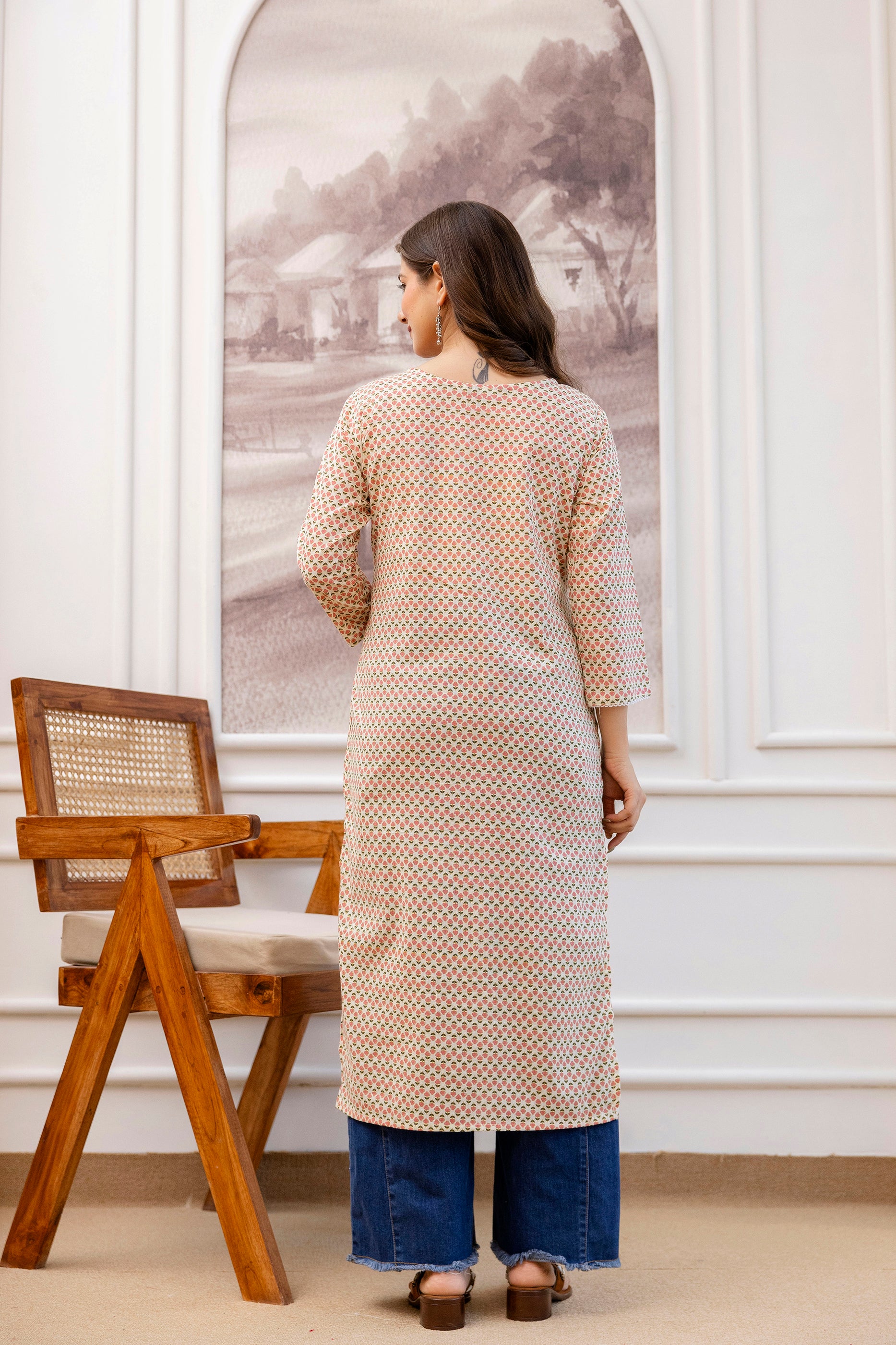 Peach Printed Embroidered Pure Cotton Straight Kurta.