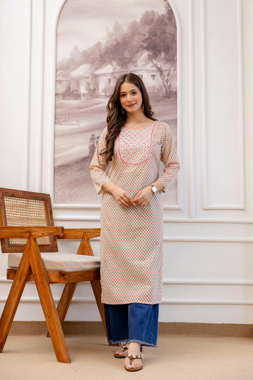 Peach Printed Embroidered Pure Cotton Straight Kurta.